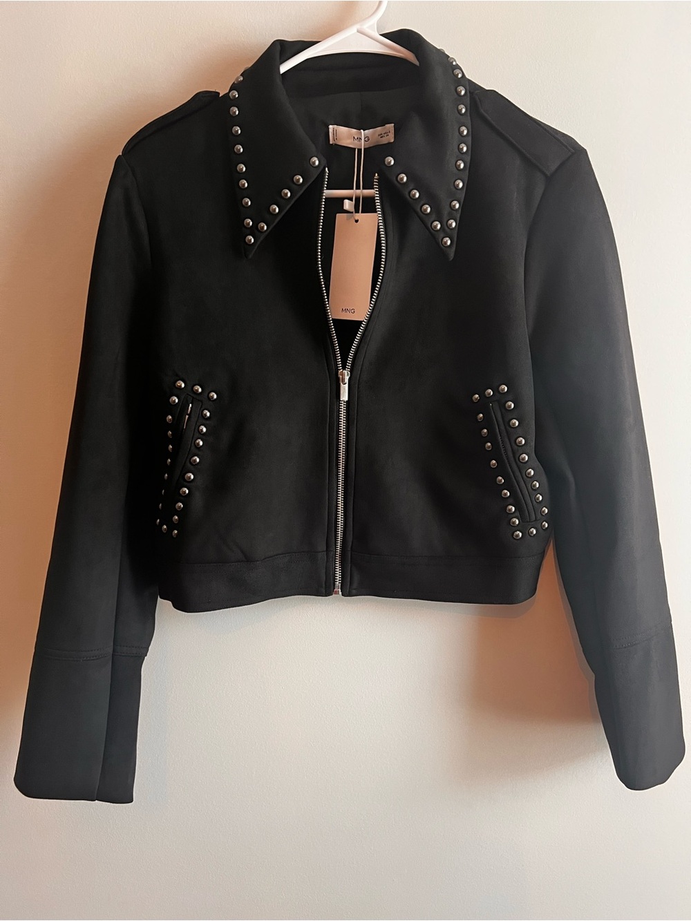 Mango Black Stud-Trim Faux Suede Leather Jacket Size Small
